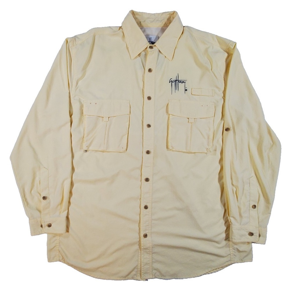 Guy Harvey Men's Fishing Shirt Large Yellow Button Up Long Sleeve Marlin